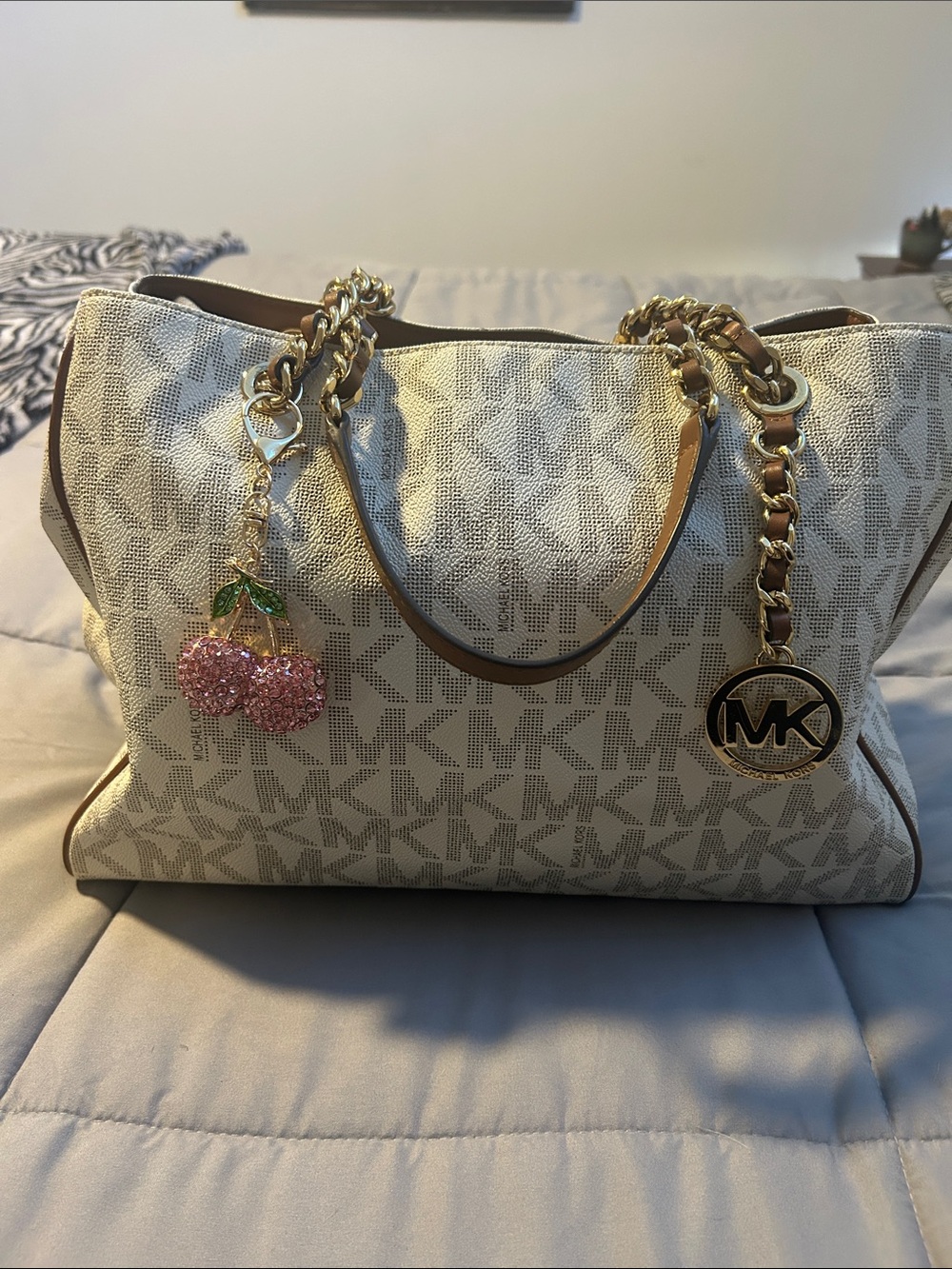 Michael Kors Cream MK Logo Tote with Gold Chain Handles